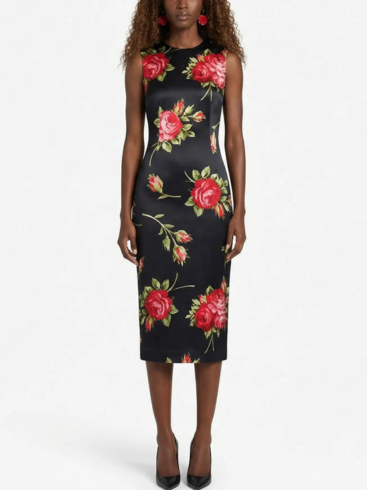 Black Silk Red Rose Print Sleeveless Midi Dress - S - Dresses
