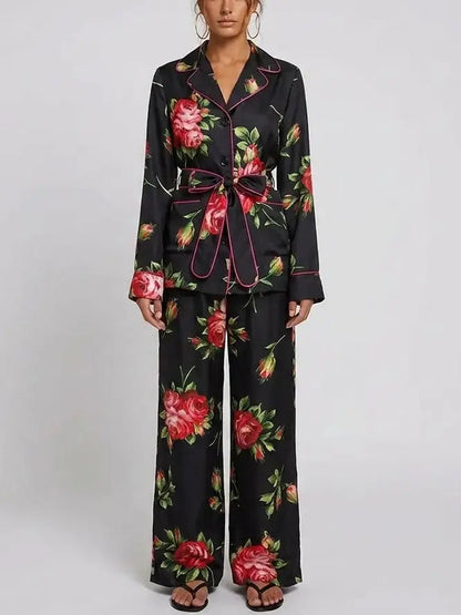 Black Silk Rose Print Belted Shirt and Pant Set - Suits & Sets