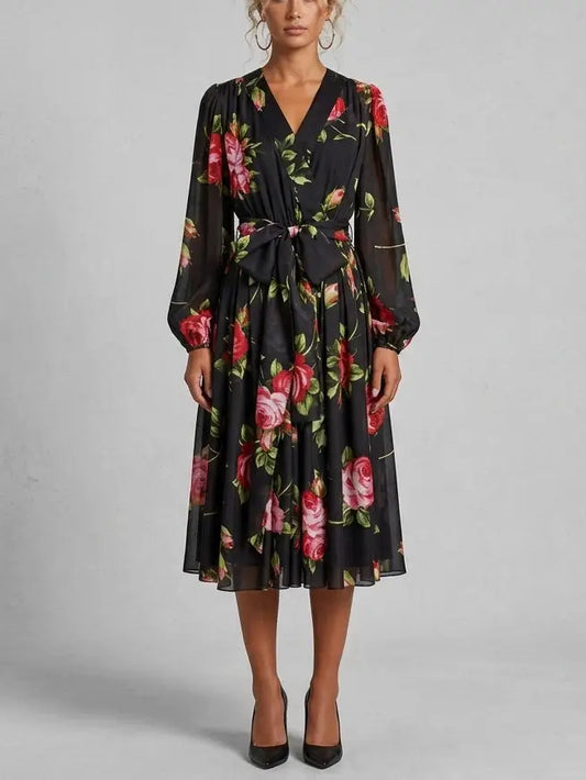Black Silk Rose Print Midi Dress with Belt - S - Dresses