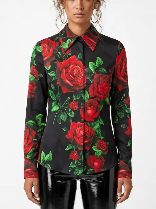 Black Silk Rose Print Shirt with Concealed Buttons - S - Tops