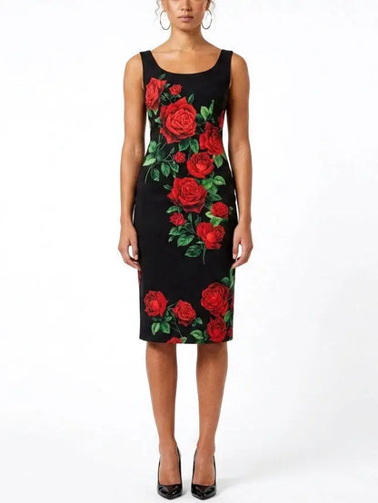 Black Silk Rose Print Tank Sheath Dress - S - Dresses