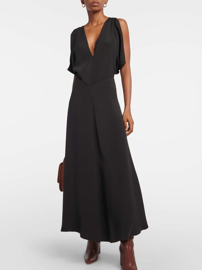 Black Silk V-Neck Maxi Dress - S - Dresses