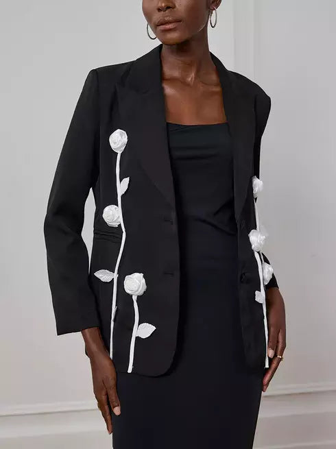 Women’s Black Single-Breasted Blazer with White Floral Appliques Branna Couture