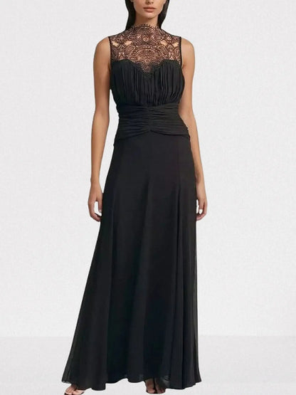 Black Sleeveless Lace and Gathered Detail Maxi Dress - Dresses