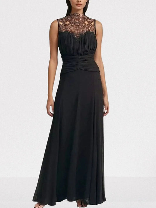 Black Sleeveless Lace and Gathered Detail Maxi Dress - Dresses