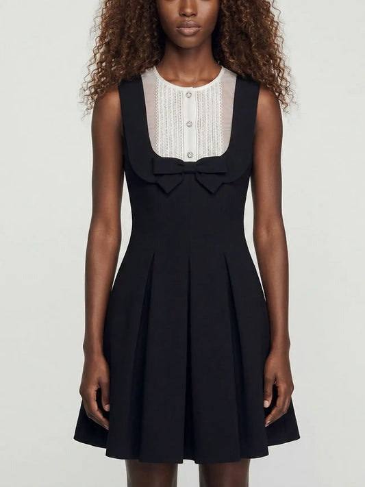 Black Sleeveless Mini Dress with Bow and Contrast Bib - S - Dresses