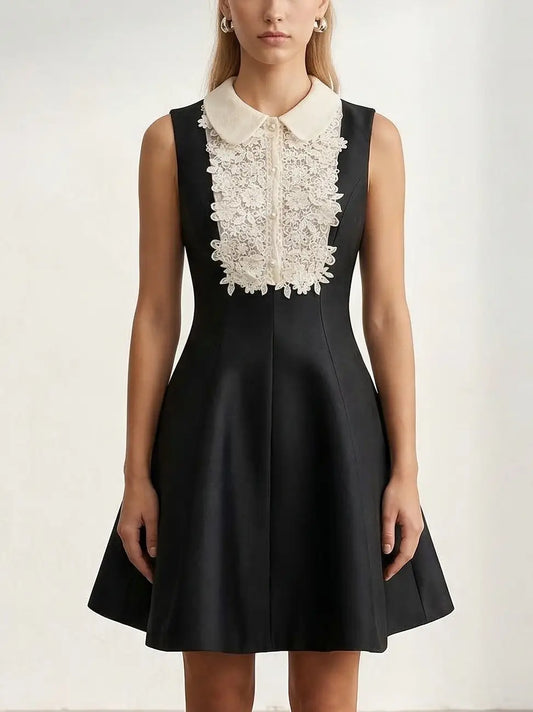 Black Sleeveless Mini Dress with Lace Bib Collar - Small - Dresses