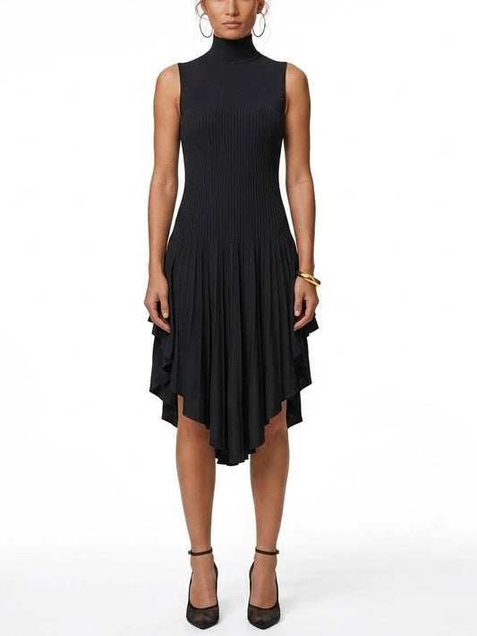 Black Sleeveless Ribbed Knit Dress with Asymmetric Hem - S - Dresses