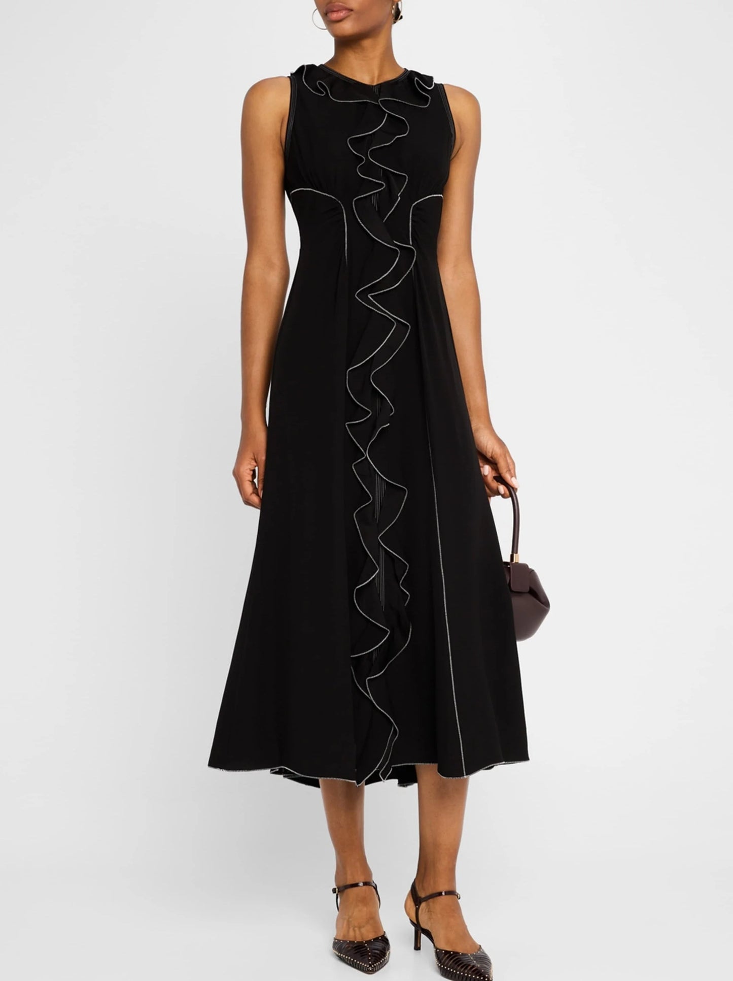 Black Sleeveless Ruffle Dress with Contrast Stitching S Dresses