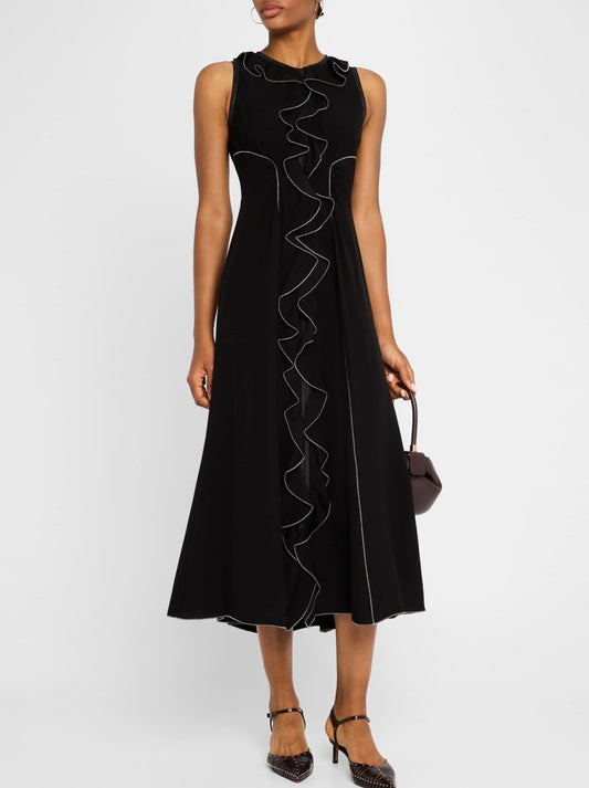 Black Sleeveless Ruffle Dress with Contrast Stitching S Dresses