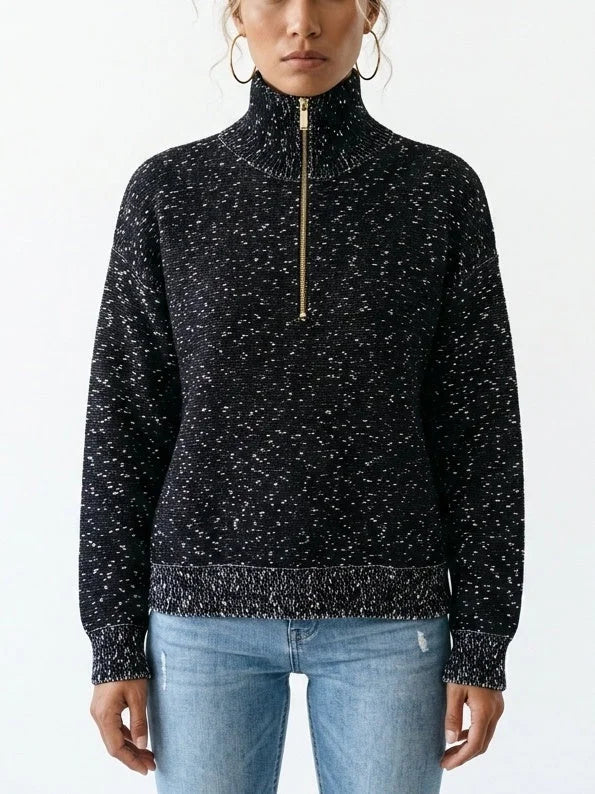 Black Speckled Half-Zip Knit High-Neck Sweater - Small - Sweaters & Knitwear