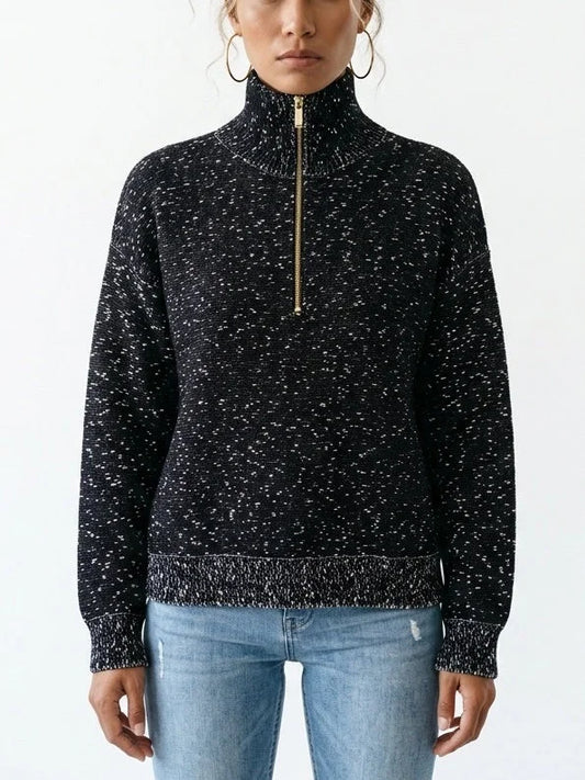 Black Speckled Half-Zip Knit High-Neck Sweater - Small - Sweaters & Knitwear