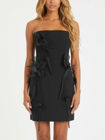 Black Strapless Mini Dress with Organza Floral Appliqués - Small - Dresses