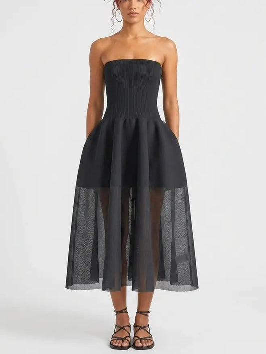 Black Strapless Ribbed Knit Midi Dress with Sheer Hem - Small - Dresses