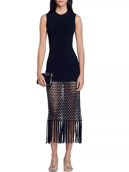 Black Stretch Knit Crochet Tassel Dress - XS - Dresses