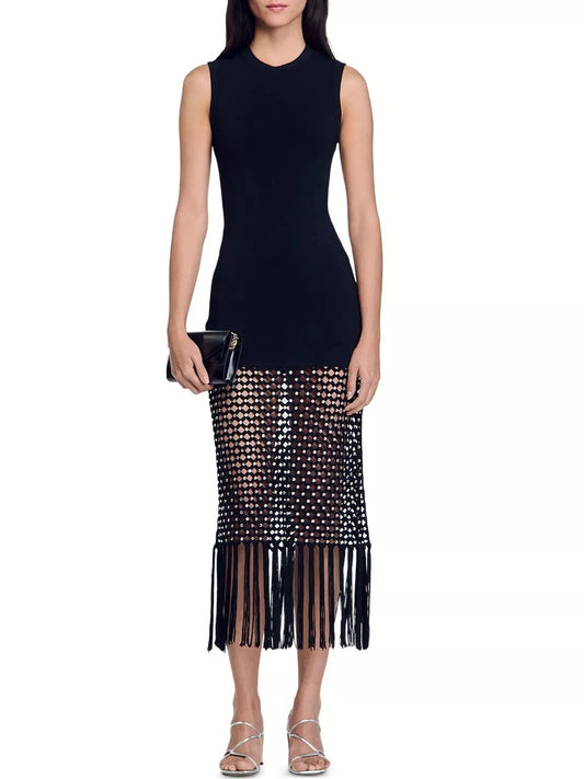 Black Stretch Knit Crochet Tassel Dress - XS - Dresses