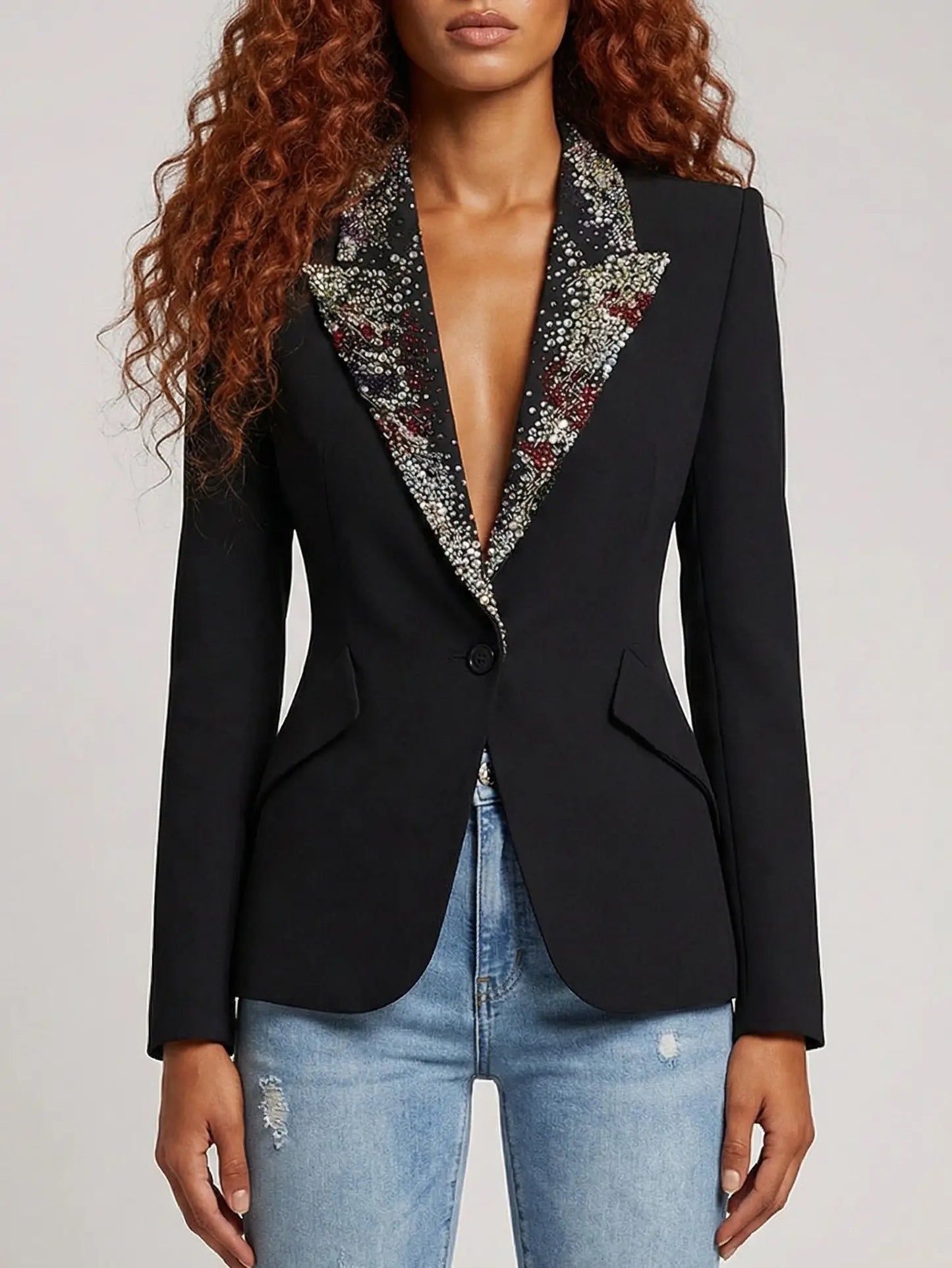 Black Tailored Blazer with Crystal-Embellished Lapels - S - Jackets