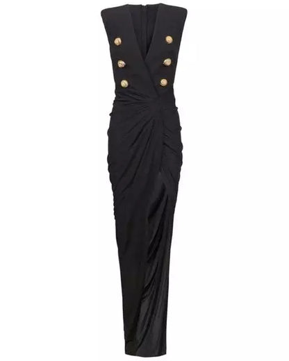 Black Tailored Ruched Long Dress Branna Couture