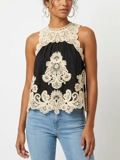 Black Tank with Contrasting Lace Embroidery - Small - Tops