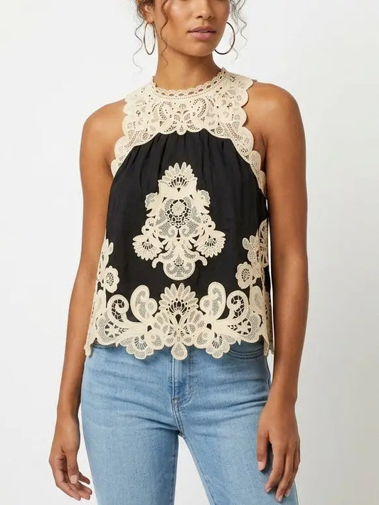 Black Tank with Contrasting Lace Embroidery - Small - Tops