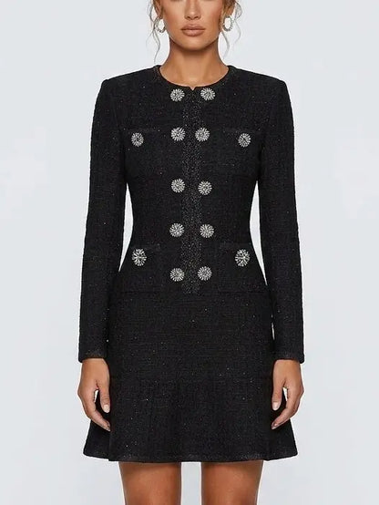 Black Textured Knit Mini Dress with Crystal Buttons - Small - Dresses