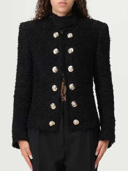 Black Textured Tweed Double-Breasted Jacket - Jackets