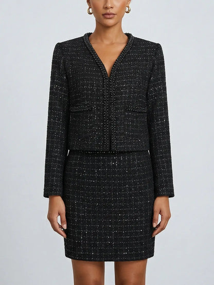 Black Tweed Beaded Jacket and Mini Skirt Set - S - Suits & Sets