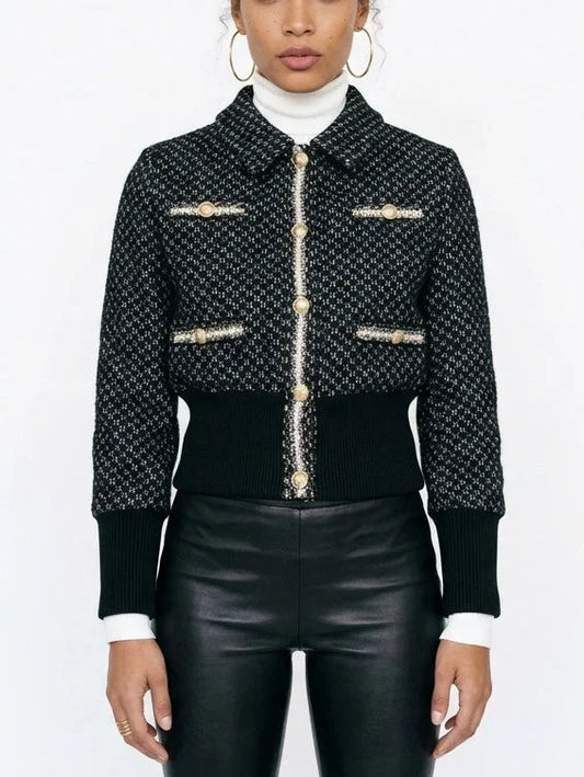 Black Tweed Jacket with Trim and Gold Buttons - Small - Jackets