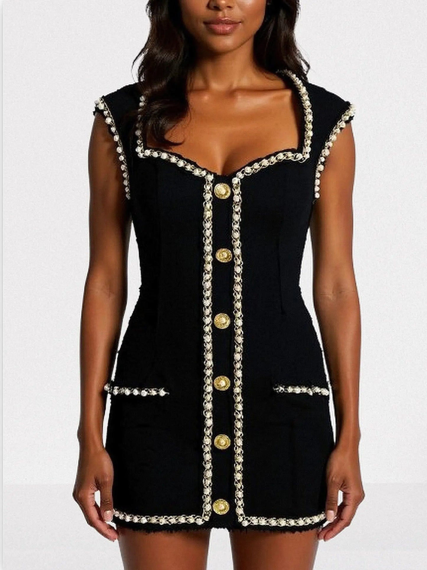 Black Tweed Pearl-Embellished Buttoned Mini Dress - S - Dresses