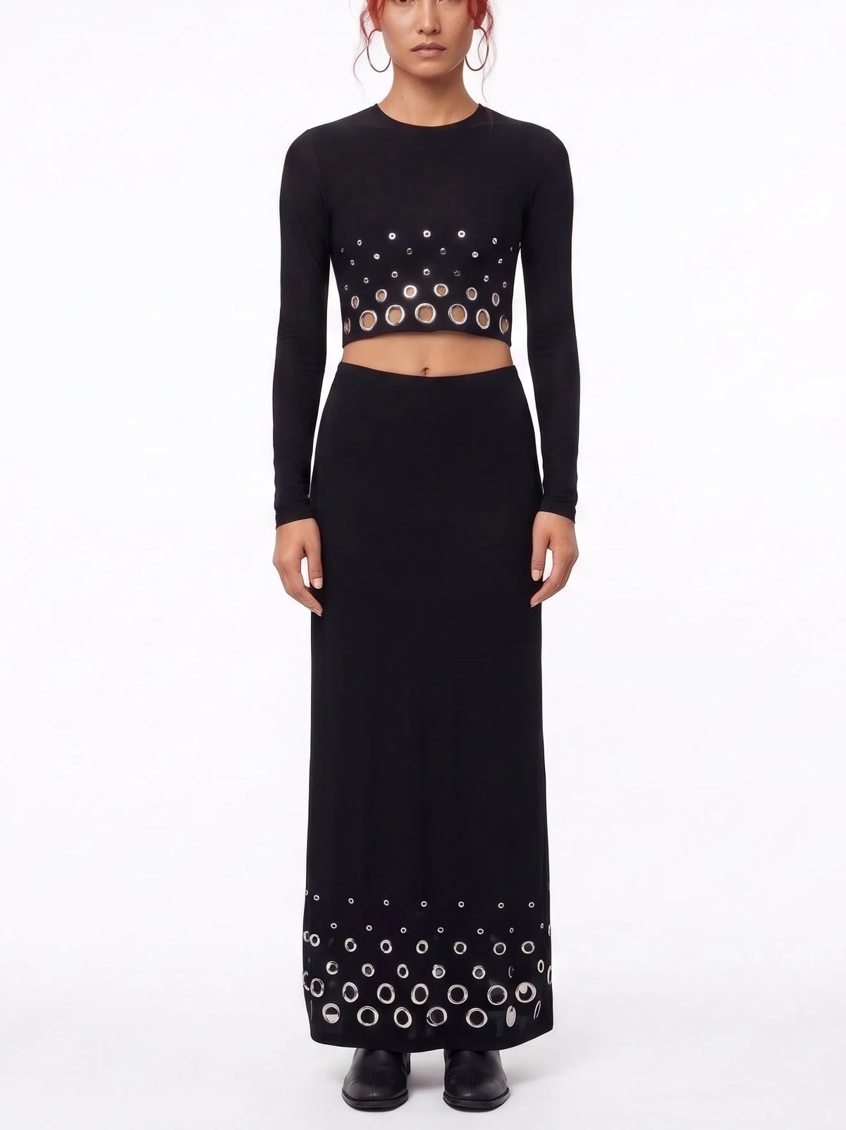 Black Two Piece Set with Metallic Eyelet Detailing - S - Suits & Sets