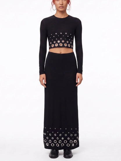 Black Two Piece Set with Metallic Eyelet Detailing - S - Suits & Sets
