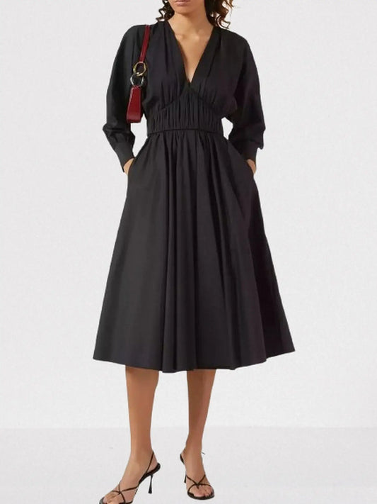 Black V-Neck Midi Dress - XS - Dresses