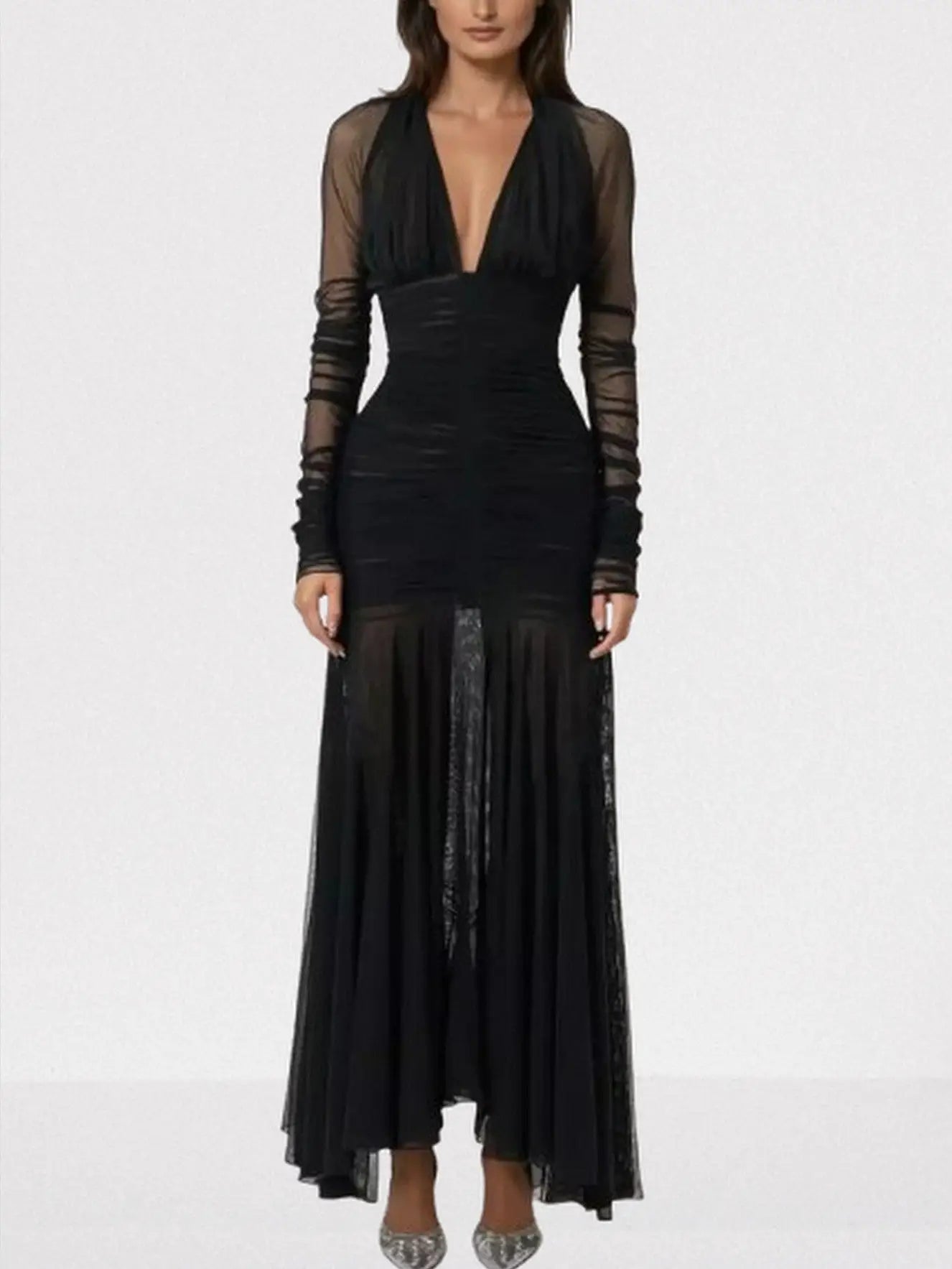Black V-Neck Ruched Long-Sleeve Maxi Dress - Small - Dresses
