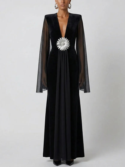 Black Velvet-Panel Gown with Sheer Cape Sleeves - Small - Dresses