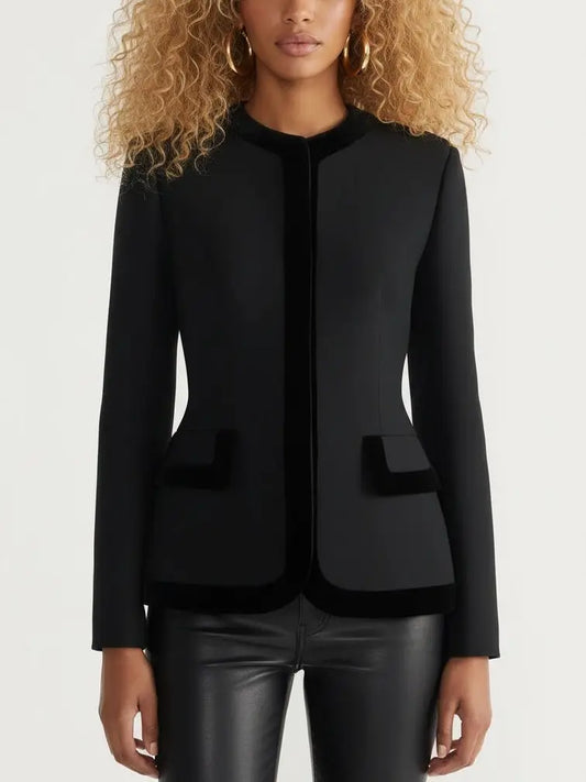 Black Velvet-Trim Fitted Tailored Jacket - S - Jackets
