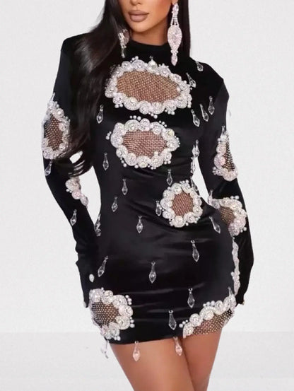 Black Velvet Crystal Mesh Cutout Mini Dress - S - Dresses