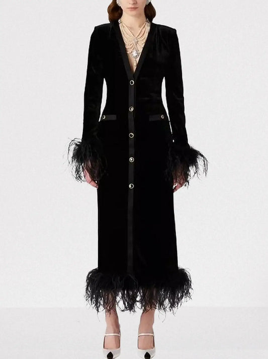 Black Velvet Feather-Trim Midi Dress - Small - Dresses
