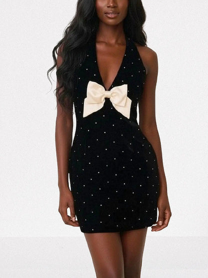Black Velvet Halter Mini Dress with Rhinestones and Bow - Small - Dresses