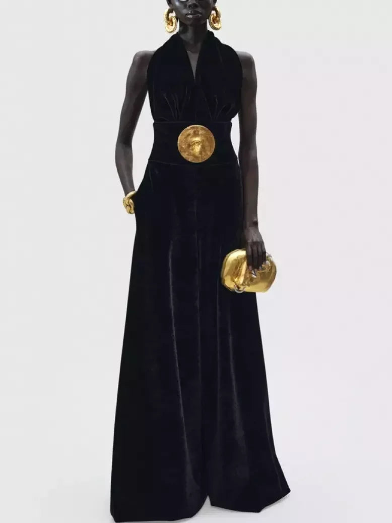 Black Velvet Halter Neck Jumpsuit - Small - Suits & Sets