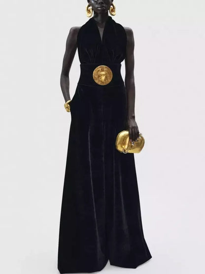 Black Velvet Halter Neck Jumpsuit - Small - Suits & Sets