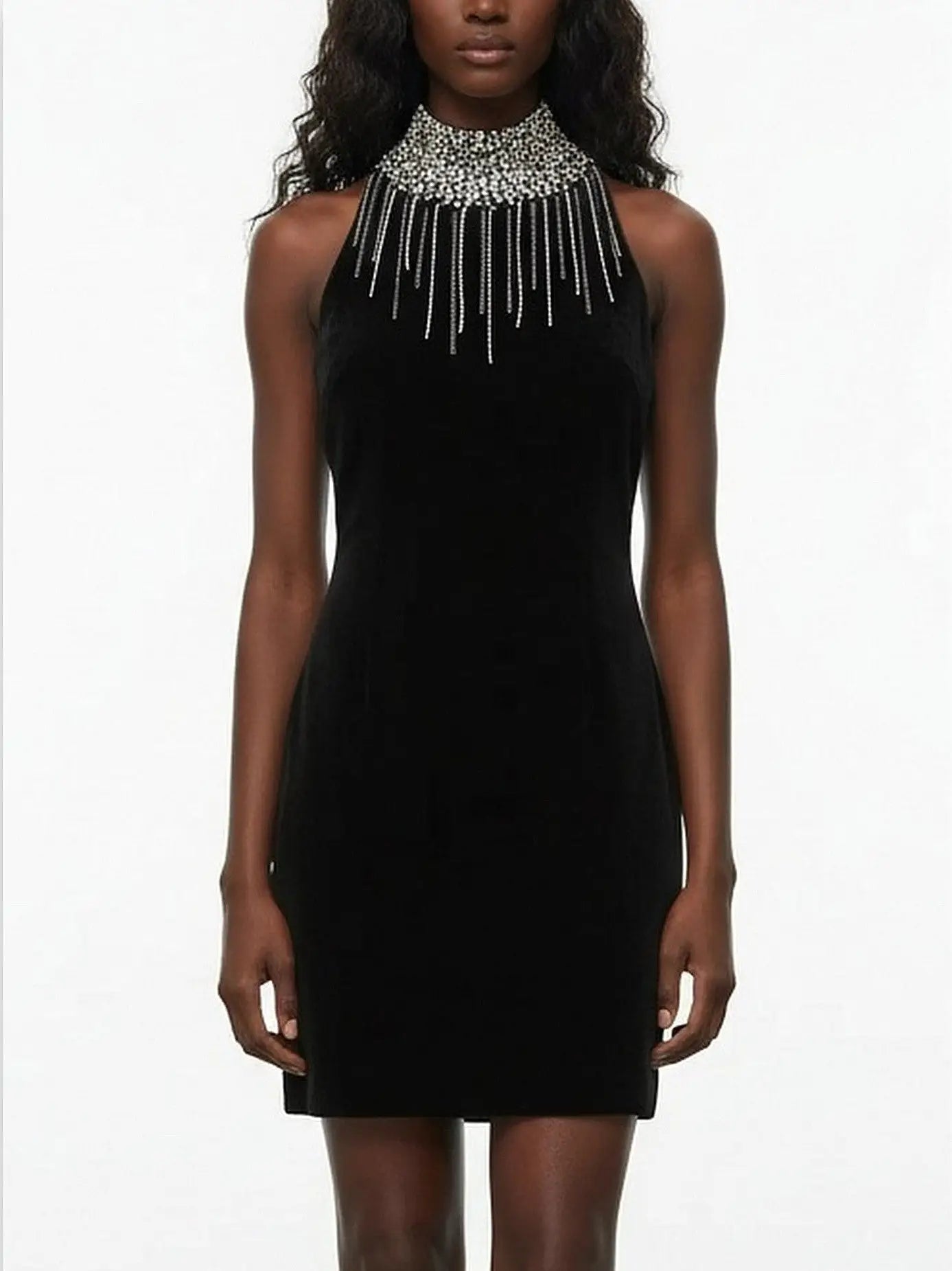 Black Velvet High-Neck Crystal-Fringe Mini Dress - Small - Dresses