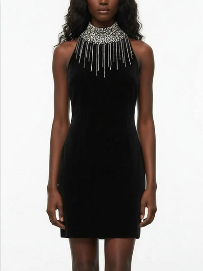 Black Velvet High-Neck Crystal-Fringe Mini Dress - Small - Dresses