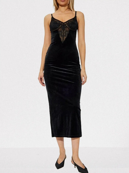 Black Velvet Midi Dress with Lace Detail - XS - Dresses