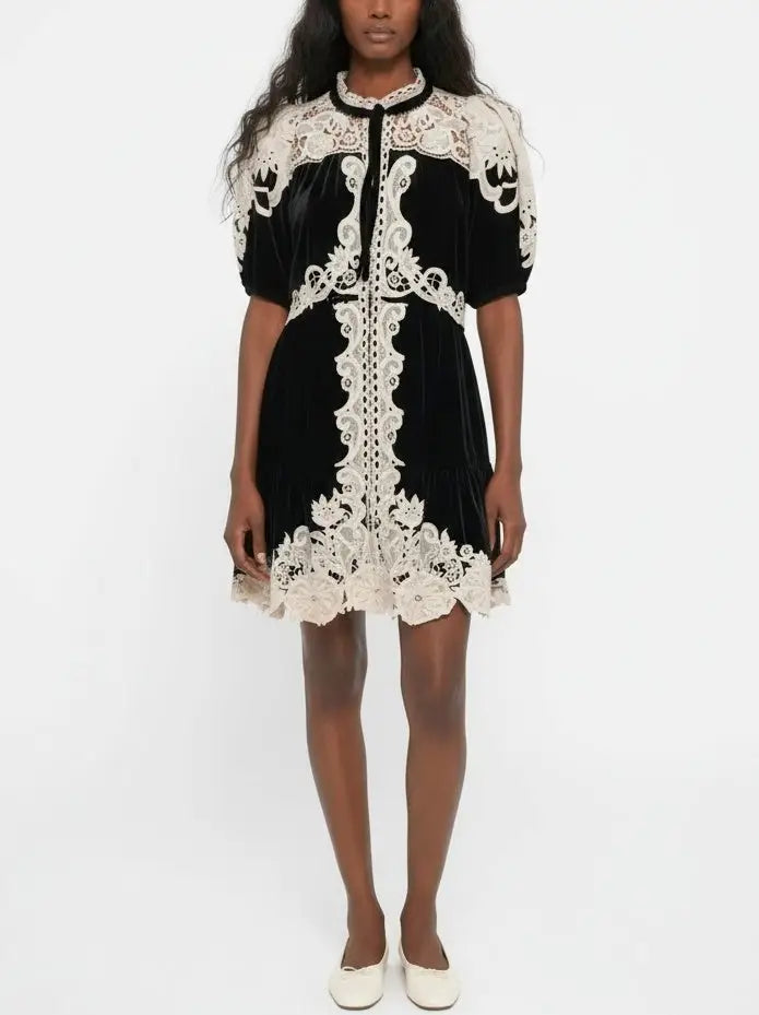 Black Velvet Mini Dress with Contrast Lace Trim - Small - Dresses
