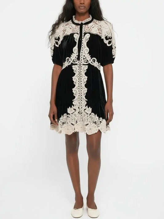 Black Velvet Mini Dress with Contrast Lace Trim - Small - Dresses