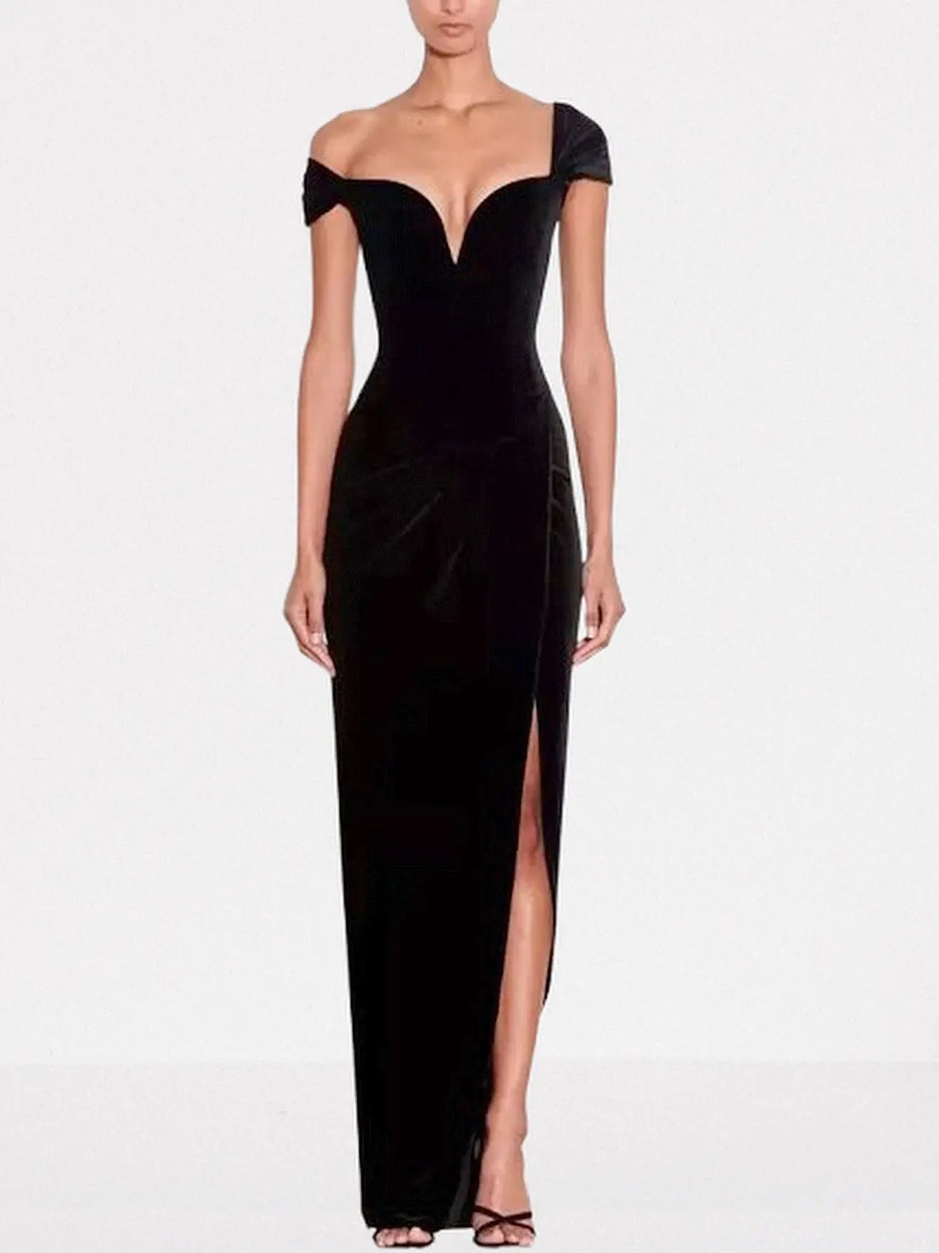 Black Velvet Off-Shoulder Slit Evening Gown - Small - Dresses
