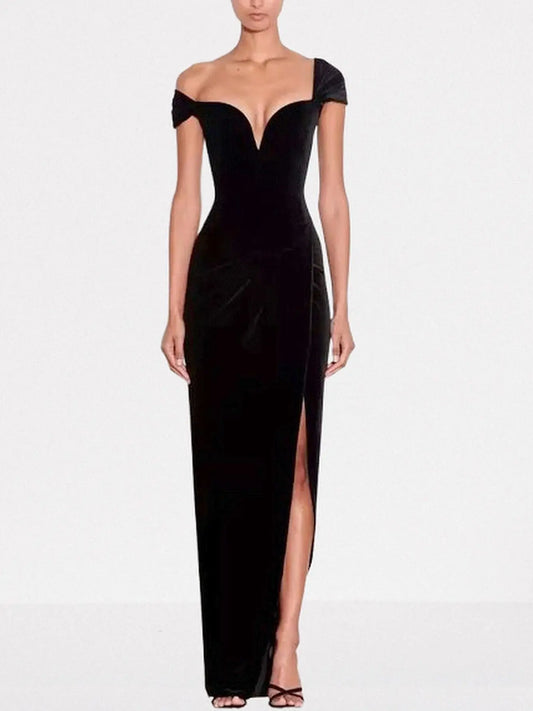 Black Velvet Off-Shoulder Slit Evening Gown - Small - Dresses