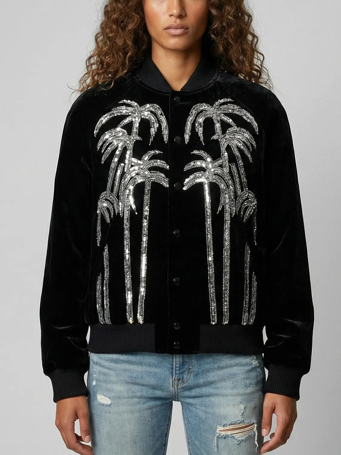Black Velvet Palm Tree Sequin Bomber Jacket - Small - Jackets