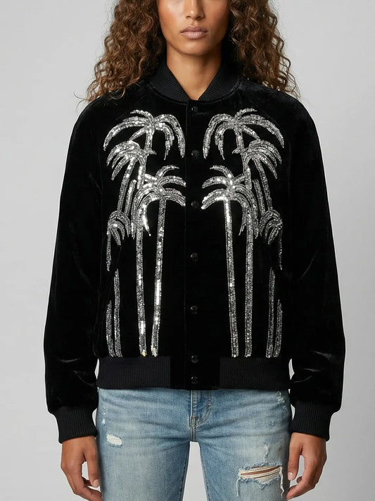 Black Velvet Palm Tree Sequin Bomber Jacket - Small - Jackets