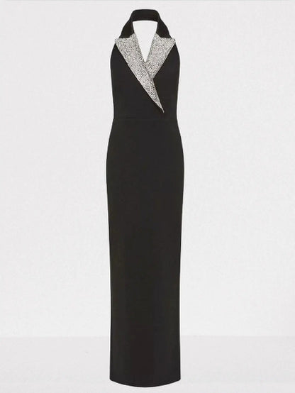 Black Velvet Rhinestone-Lapel Halterneck Gown - Small - Dresses